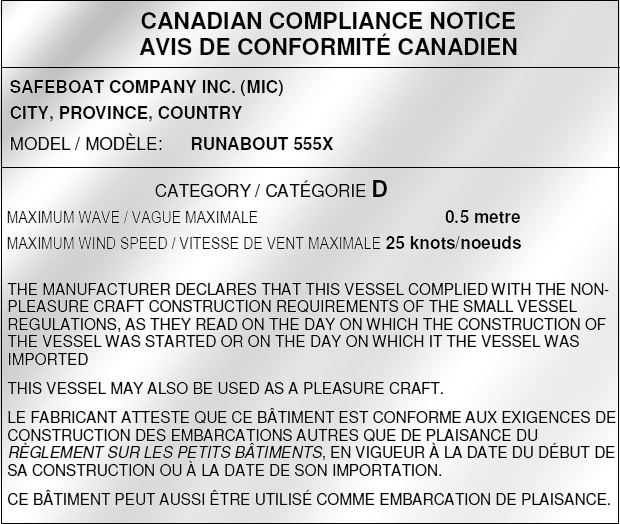 Compliance notice for a pleasure craft measuring more than 6 meters in length 