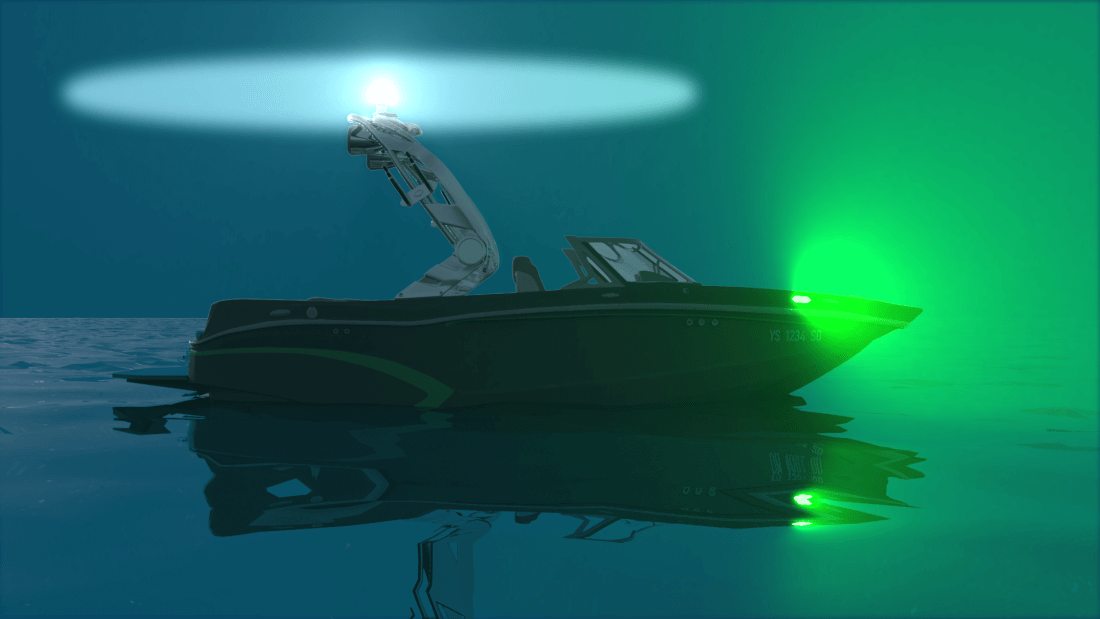 The starboard side of a boat shows a green light.