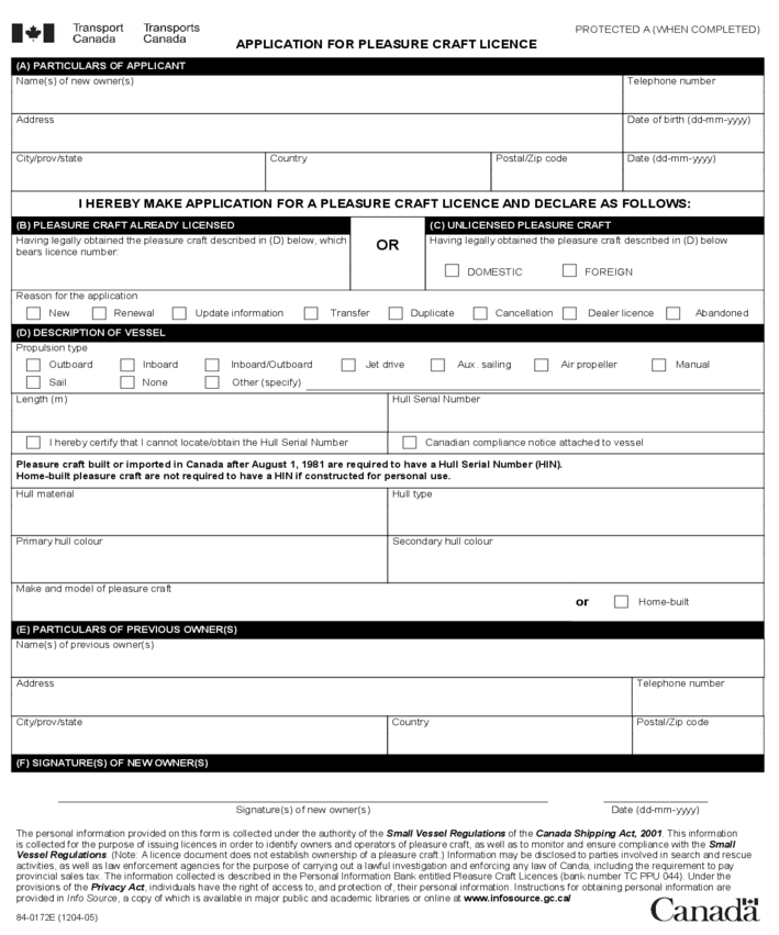 Pleasure Craft Licence Application Form 