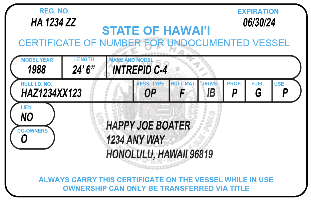 Hawaii registration certificate for a boat