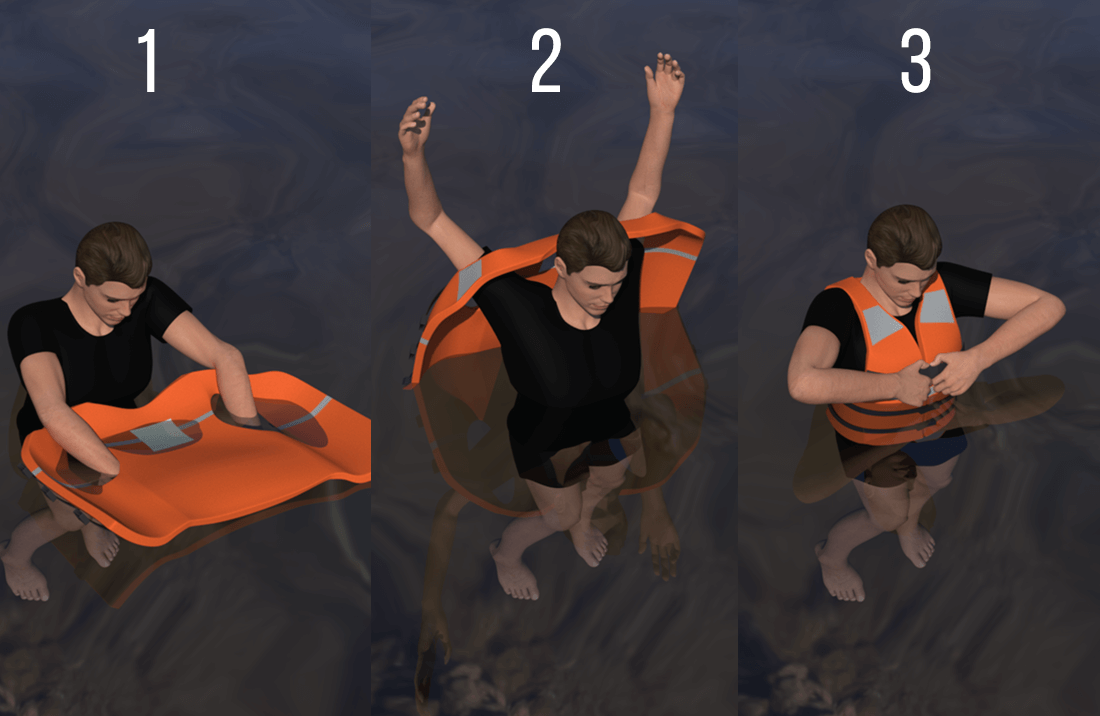 How do you put your PFD on while in the water?